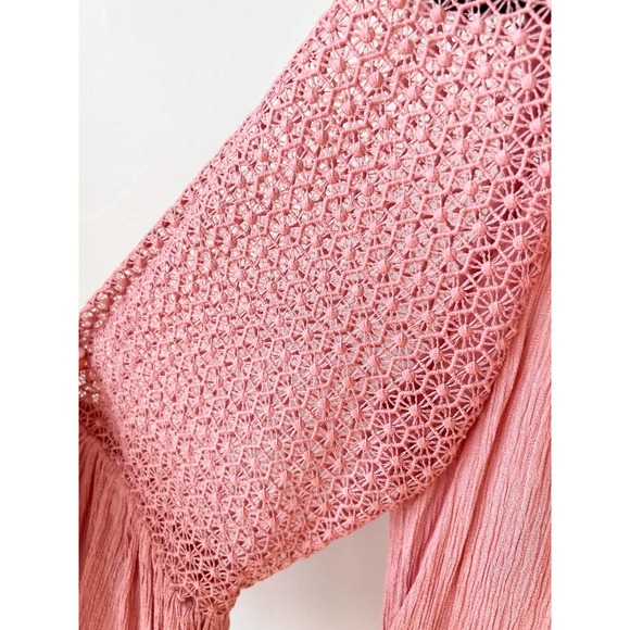 LOFT Women's Pink Lace Yoke Half Bell Hem Sleeve Boho Flowy Blouse size S/M - Picture 6 of 7